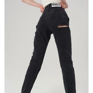 Black butt-cut ragged priest jeans